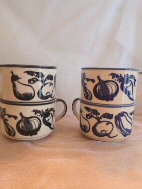 Vintage Vegetable Stacking Soup Bowl Mug Onion Carrot Eggplant Beet Set Of 4